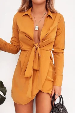 Rebellious Fashion Mustard Tie Front Plunge Wrap Shirt Dress - Bexlee