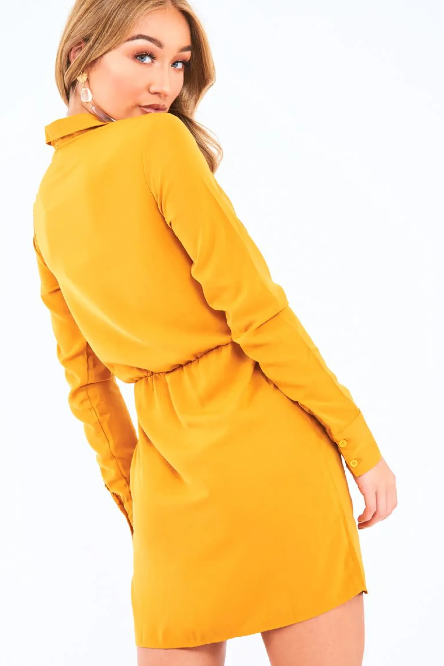 Rebellious Fashion Mustard Tie Front Plunge Wrap Shirt Dress - Bexlee