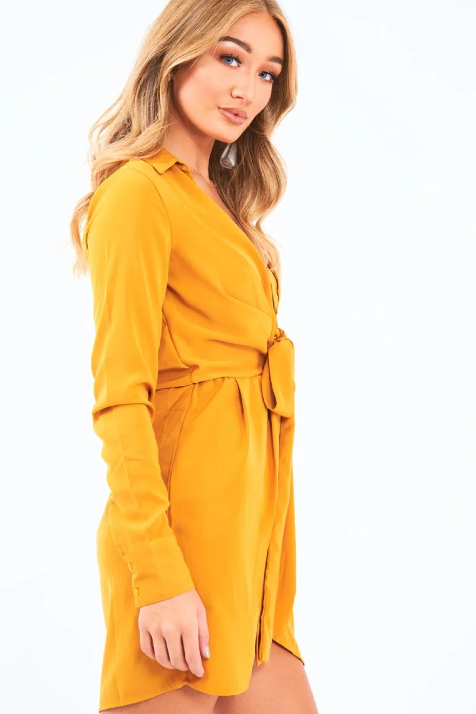Rebellious Fashion Mustard Tie Front Plunge Wrap Shirt Dress - Bexlee