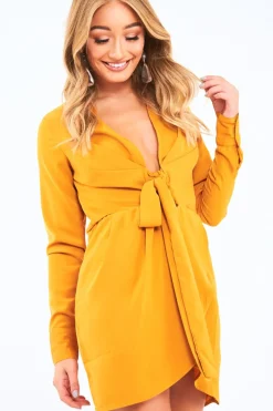 Rebellious Fashion Mustard Tie Front Plunge Wrap Shirt Dress - Bexlee