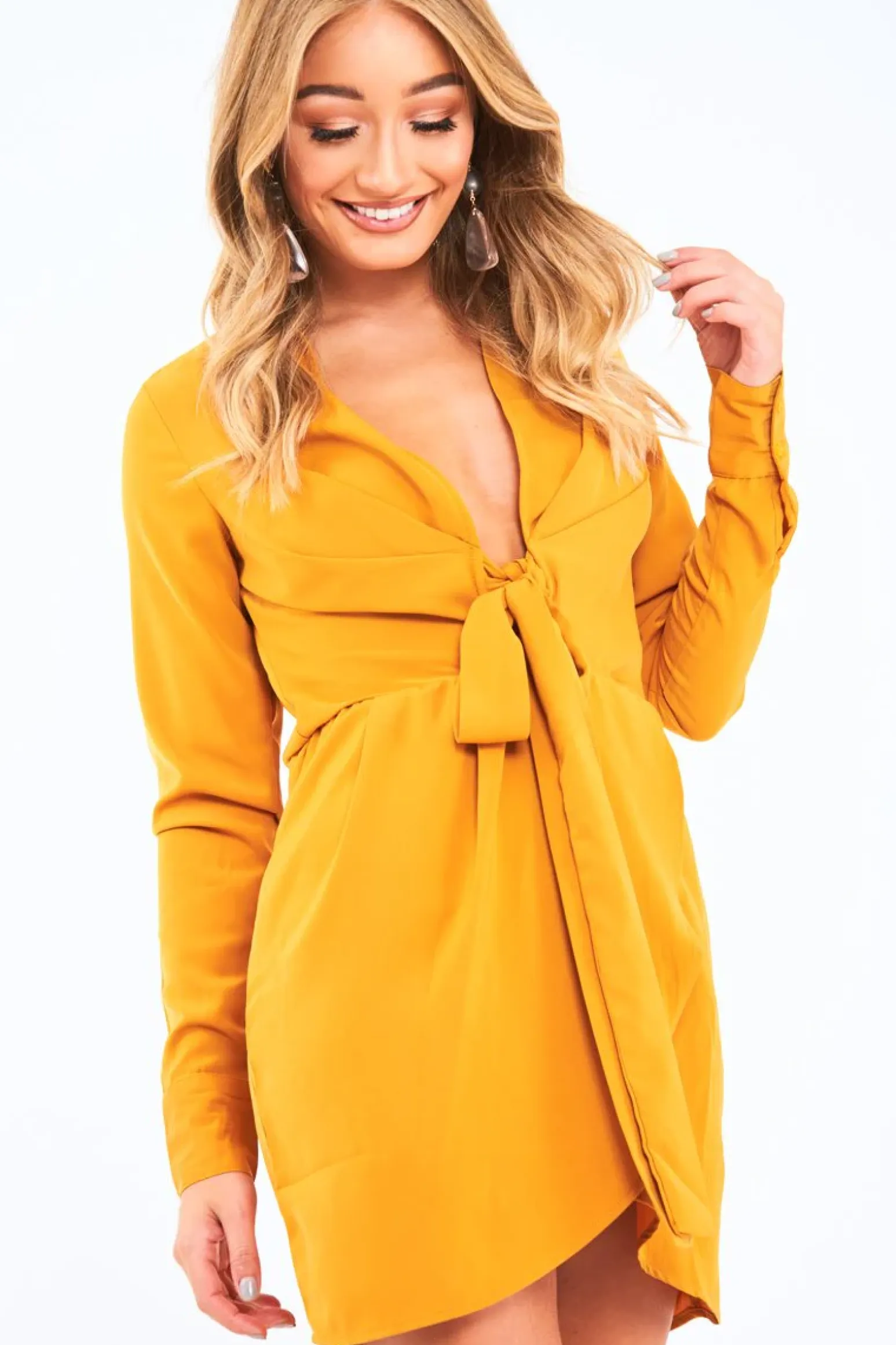 Rebellious Fashion Mustard Tie Front Plunge Wrap Shirt Dress - Bexlee