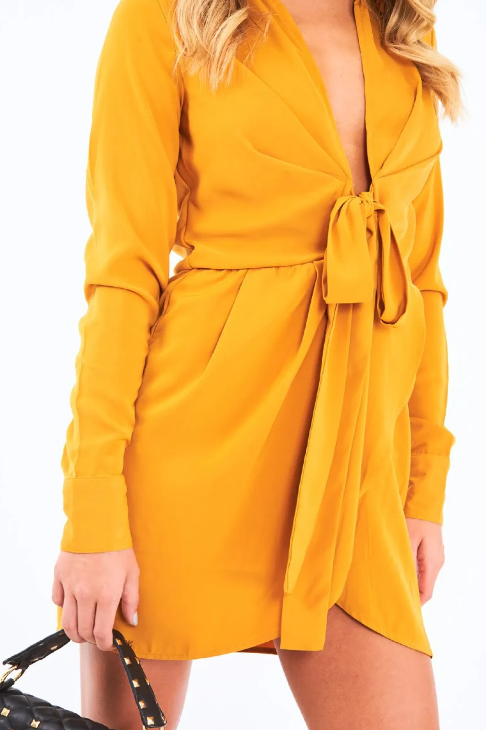 Rebellious Fashion Mustard Tie Front Plunge Wrap Shirt Dress - Bexlee