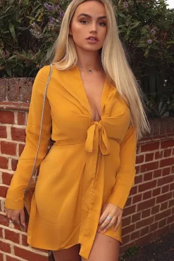 Rebellious Fashion Mustard Tie Front Plunge Wrap Shirt Dress - Bexlee