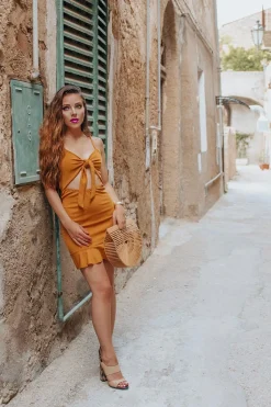 Rebellious Fashion Mustard Tie Front Ruffle Hem Mini Dress - Darianna