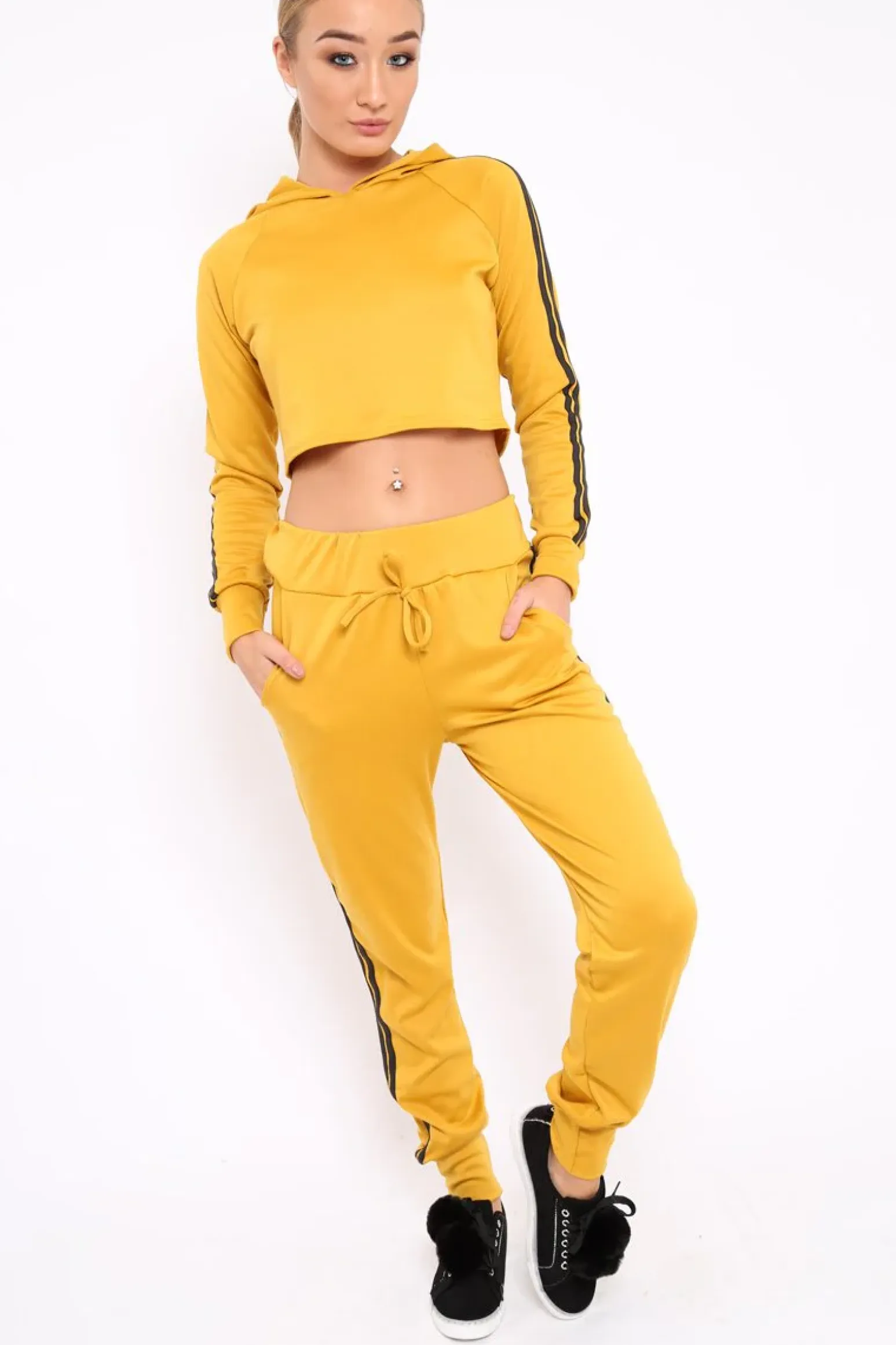 Rebellious Fashion Mustard Tracksuit with Black Side Stripe - Kady