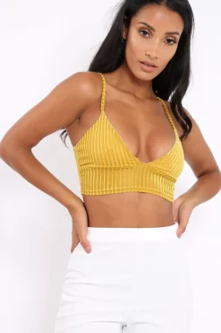 Rebellious Fashion Mustard Velvet Striped Bralet - Elina