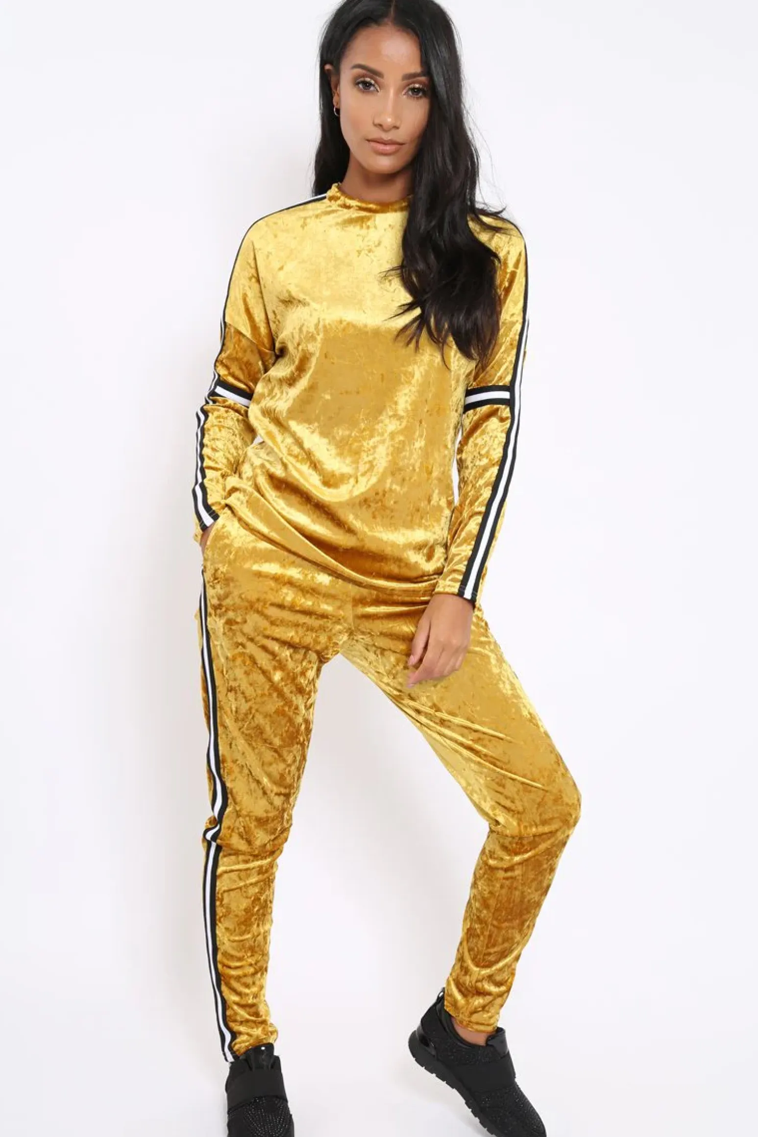 Rebellious Fashion Mustard Velvet Striped Trim Co-ord Set - Beau