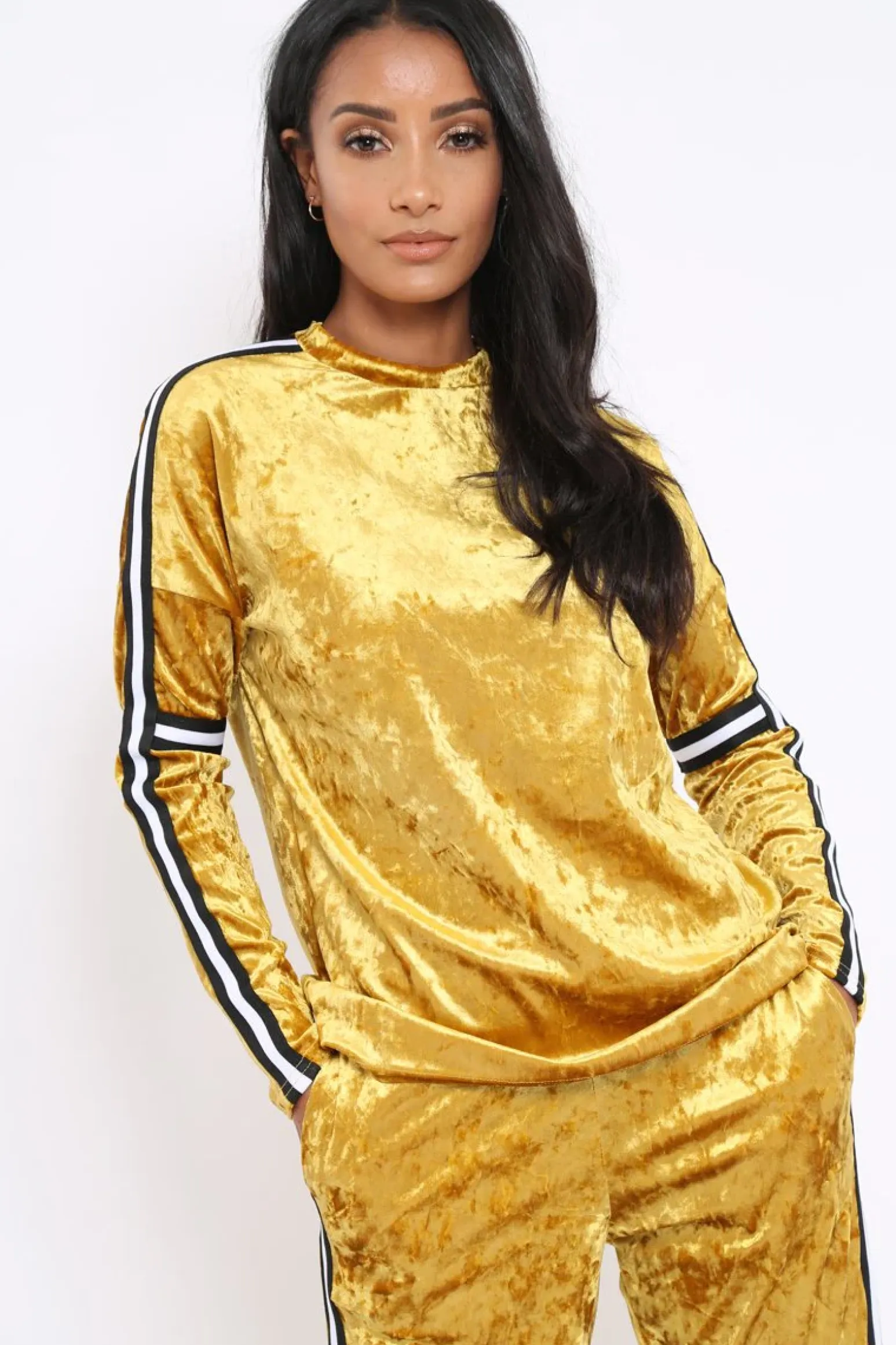 Rebellious Fashion Mustard Velvet Striped Trim Co-ord Set - Beau
