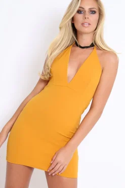 Rebellious Fashion Mustard V Plunge Halterneck Mini Dress - Kara
