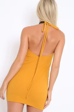 Rebellious Fashion Mustard V Plunge Halterneck Mini Dress - Kara