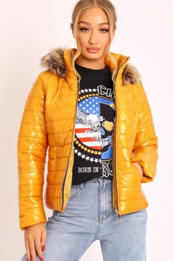 Rebellious Fashion Mustard Wet Look Puffer Coat - Soph