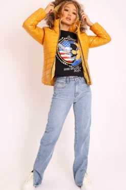 Rebellious Fashion Mustard Wet Look Puffer Coat - Soph