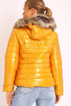 Rebellious Fashion Mustard Wet Look Puffer Coat - Soph
