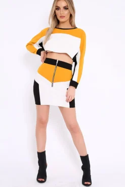 Rebellious Fashion Mustard White and Black Colour Block Crop Top and Skirt Co-ord - Dyana