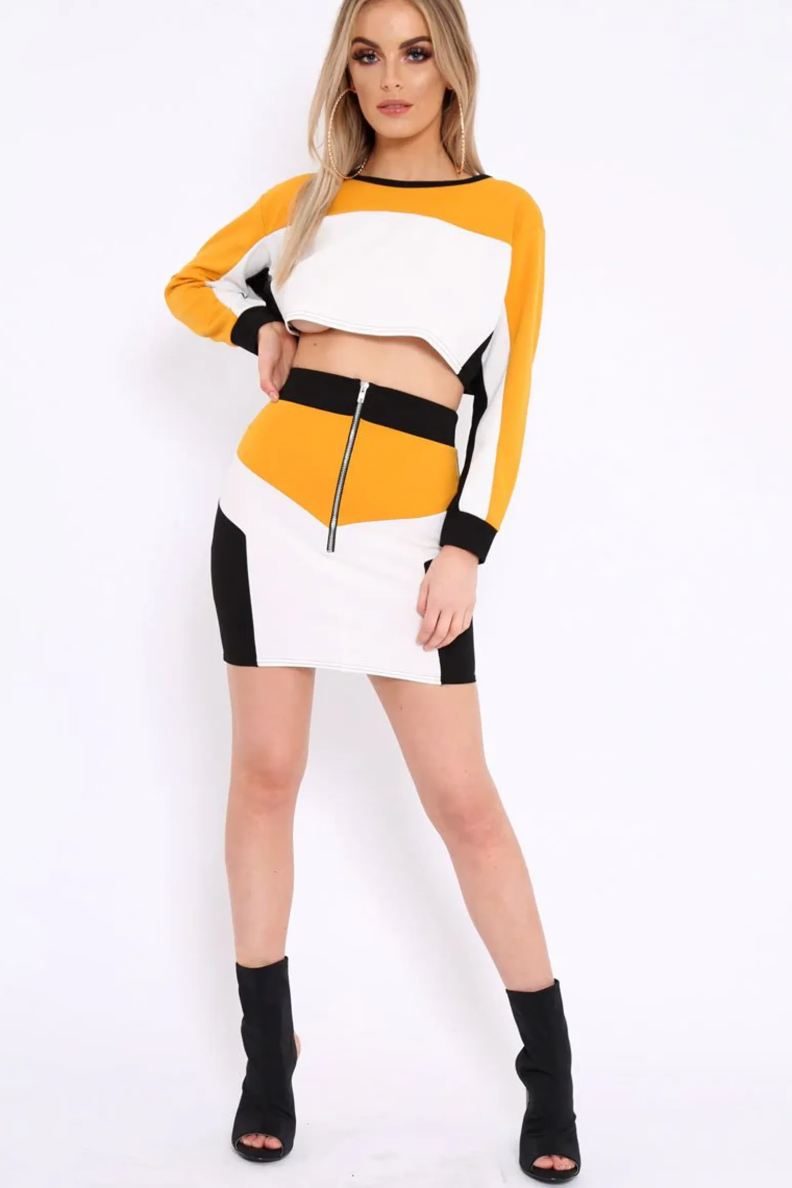 Rebellious Fashion Mustard White and Black Colour Block Crop Top and Skirt Co-ord - Dyana
