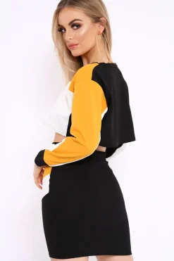 Rebellious Fashion Mustard White and Black Colour Block Crop Top and Skirt Co-ord - Dyana