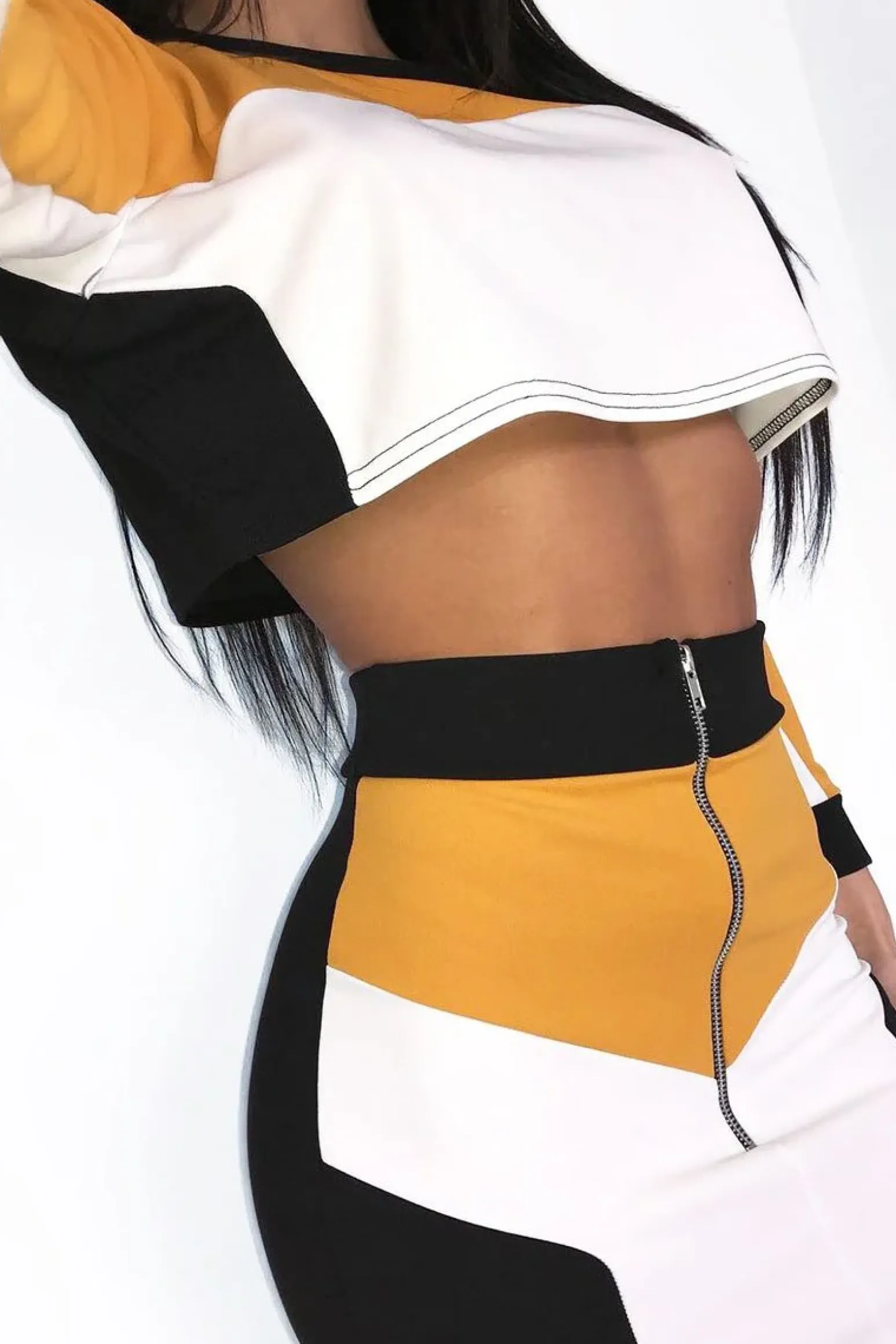Rebellious Fashion Mustard White and Black Colour Block Crop Top and Skirt Co-ord - Dyana