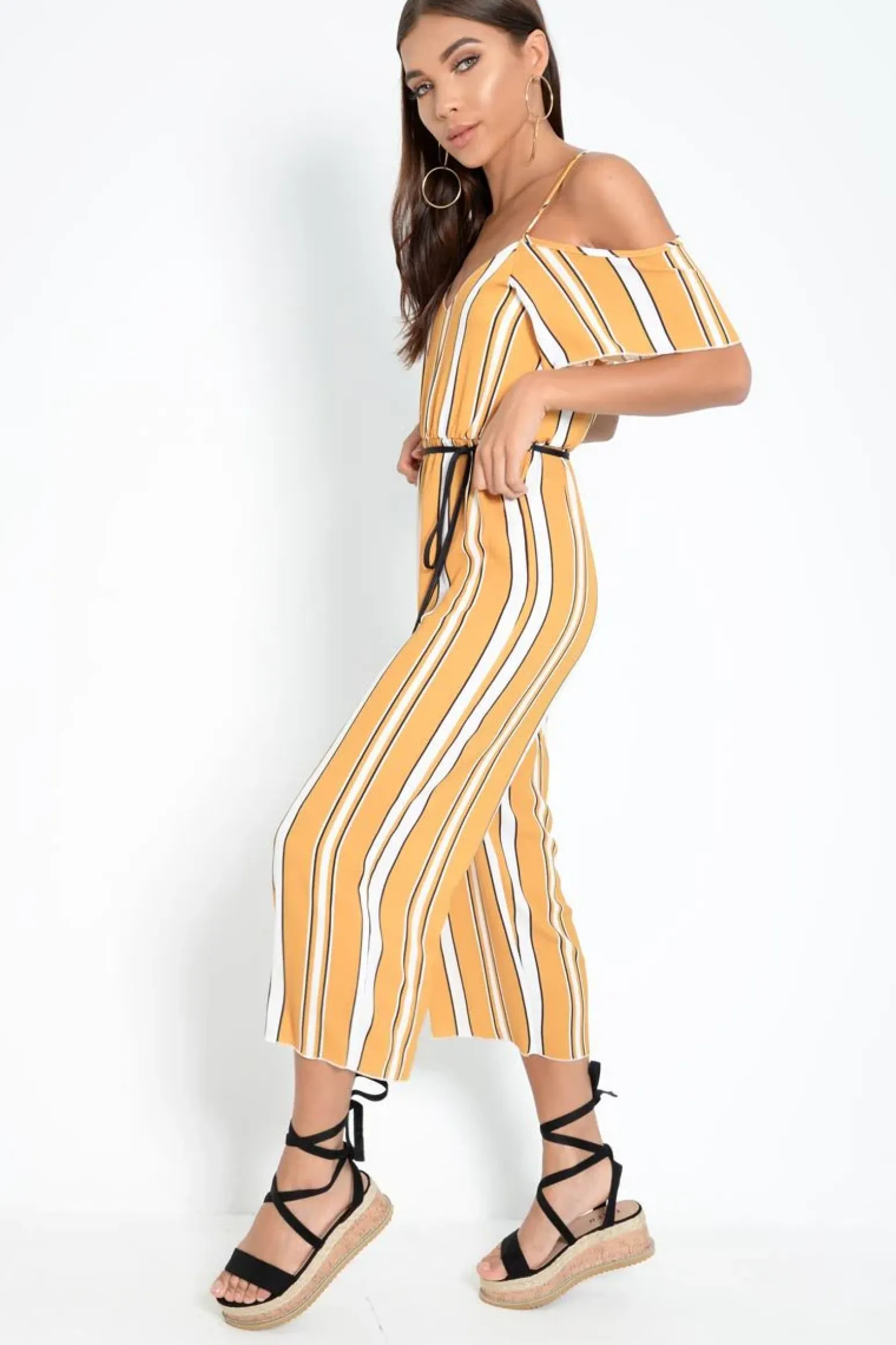 Rebellious Fashion Mustard White and Black Stripe Bardot Jumpsuit - Bonita