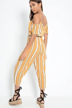 Rebellious Fashion Mustard White and Black Stripe Bardot Jumpsuit - Bonita