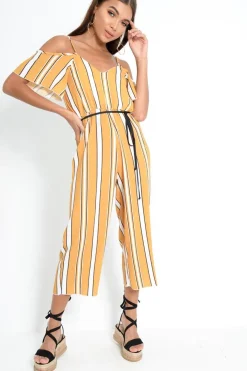 Rebellious Fashion Mustard White and Black Stripe Bardot Jumpsuit - Bonita