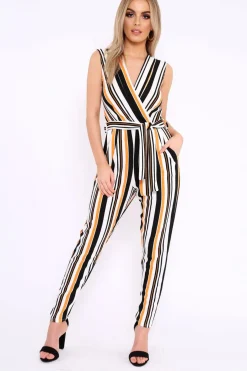 Rebellious Fashion Mustard White and Black Stripe Plunge Jumpsuit - Koen