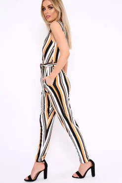 Rebellious Fashion Mustard White and Black Stripe Plunge Jumpsuit - Koen