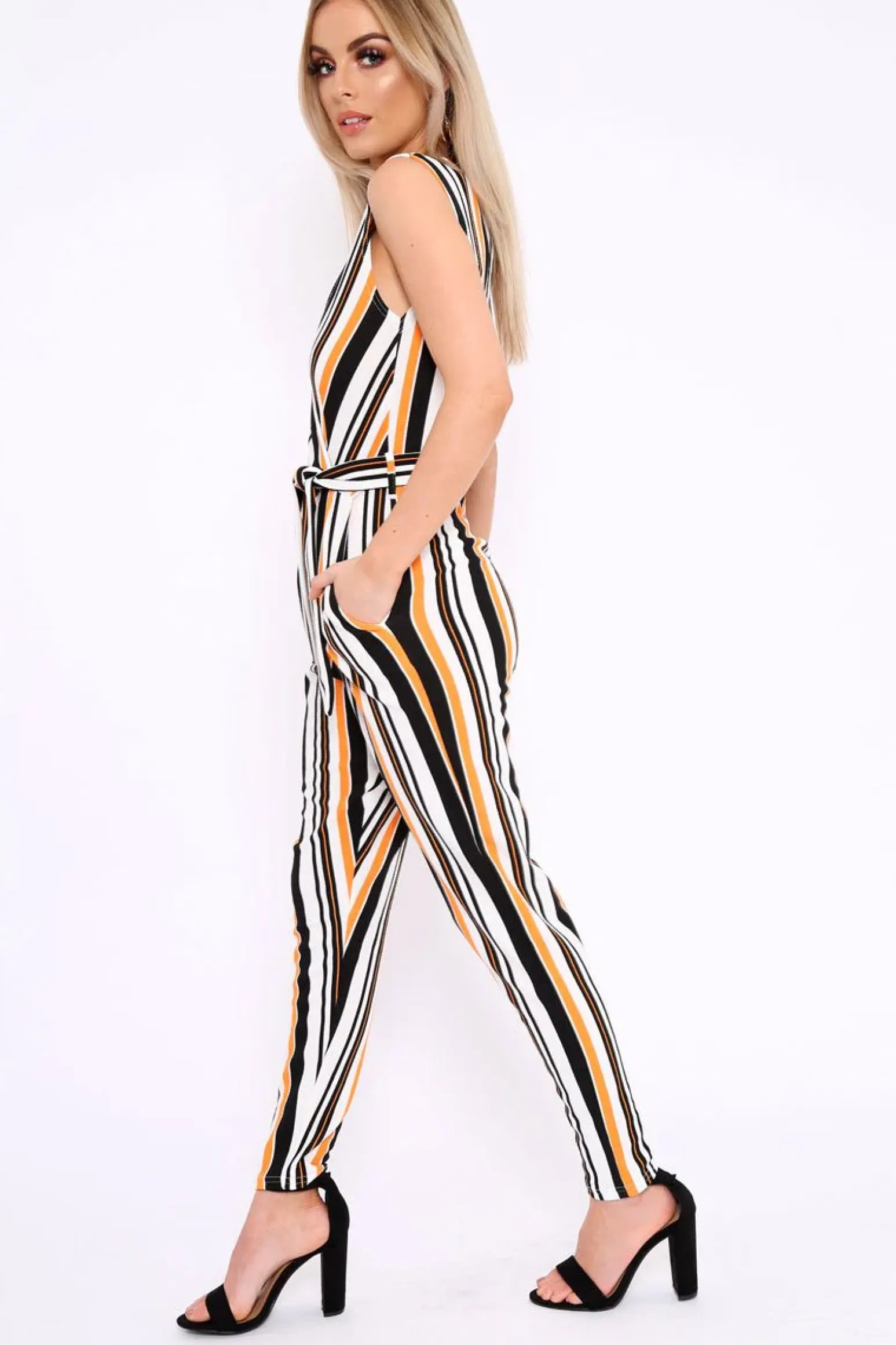 Rebellious Fashion Mustard White and Black Stripe Plunge Jumpsuit - Koen