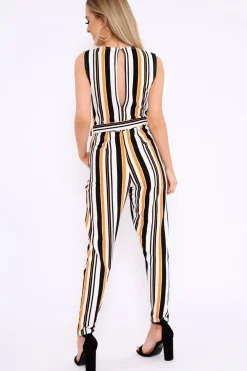 Rebellious Fashion Mustard White and Black Stripe Plunge Jumpsuit - Koen
