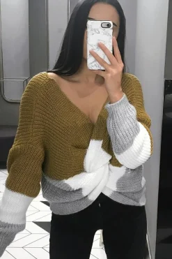 Rebellious Fashion Mustard White and Grey Knot Knit Jumper - Kerri
