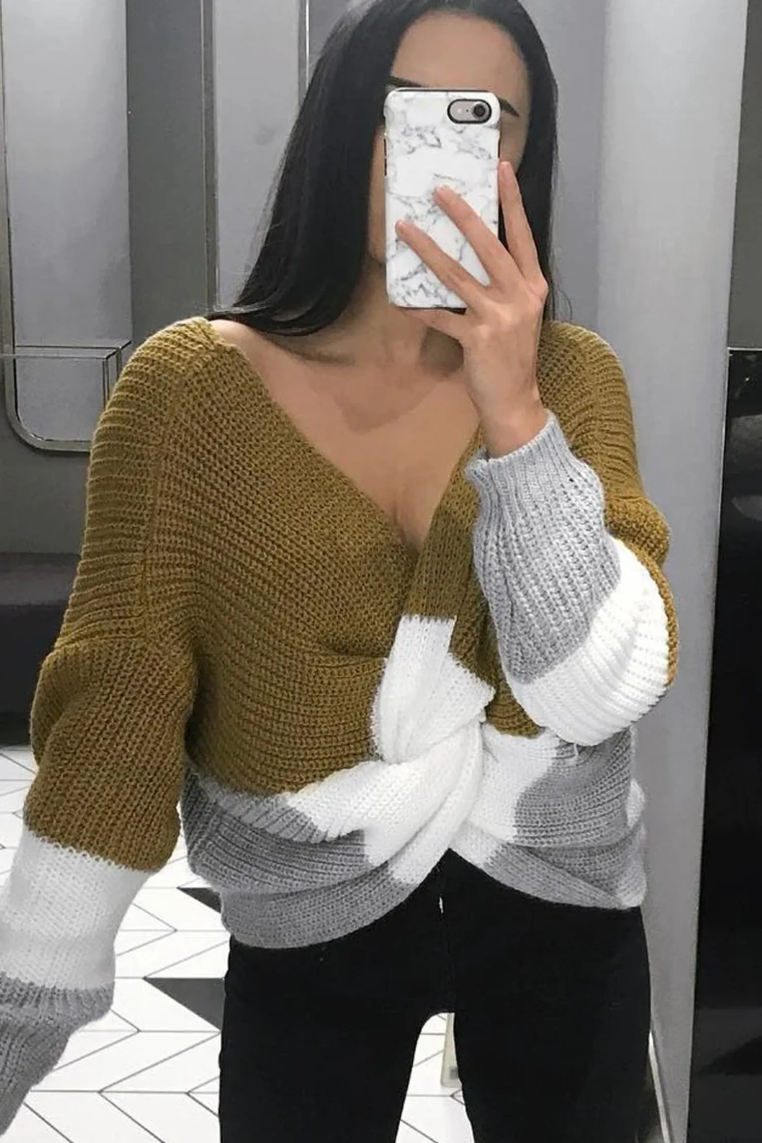 Rebellious Fashion Mustard White and Grey Knot Knit Jumper - Kerri