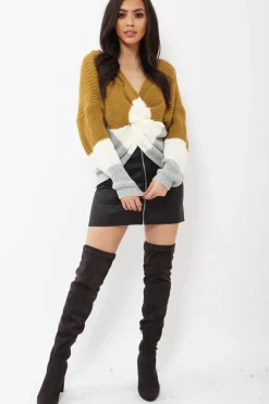 Rebellious Fashion Mustard White and Grey Knot Knit Jumper - Kerri