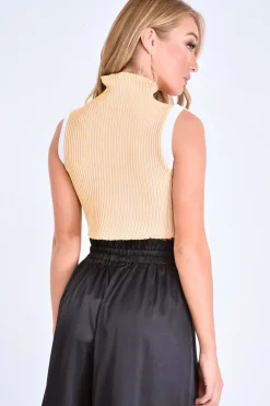 Rebellious Fashion Mustard White Rib Funnel Neck Knit Top - Moriyah