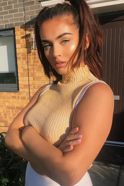 Rebellious Fashion Mustard White Rib Funnel Neck Knit Top - Moriyah