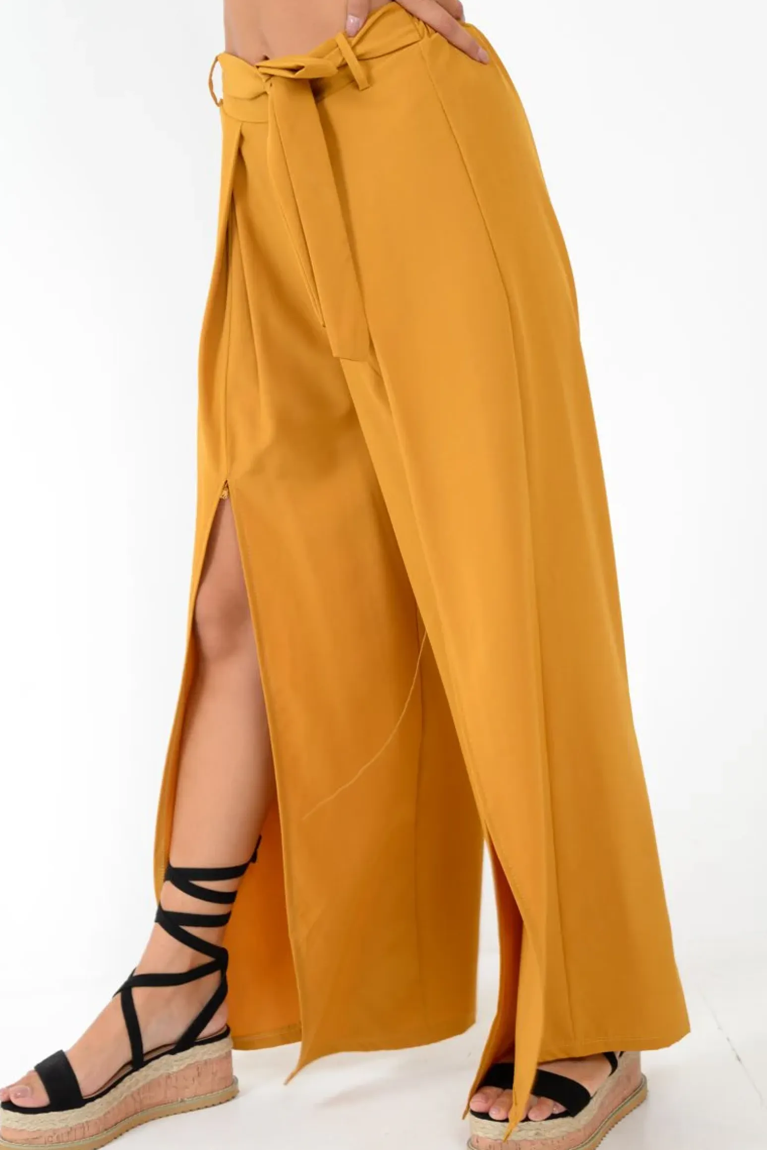 Rebellious Fashion Mustard Wide Leg Belted Split Front Trousers - Aamira