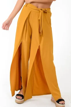 Rebellious Fashion Mustard Wide Leg Belted Split Front Trousers - Aamira