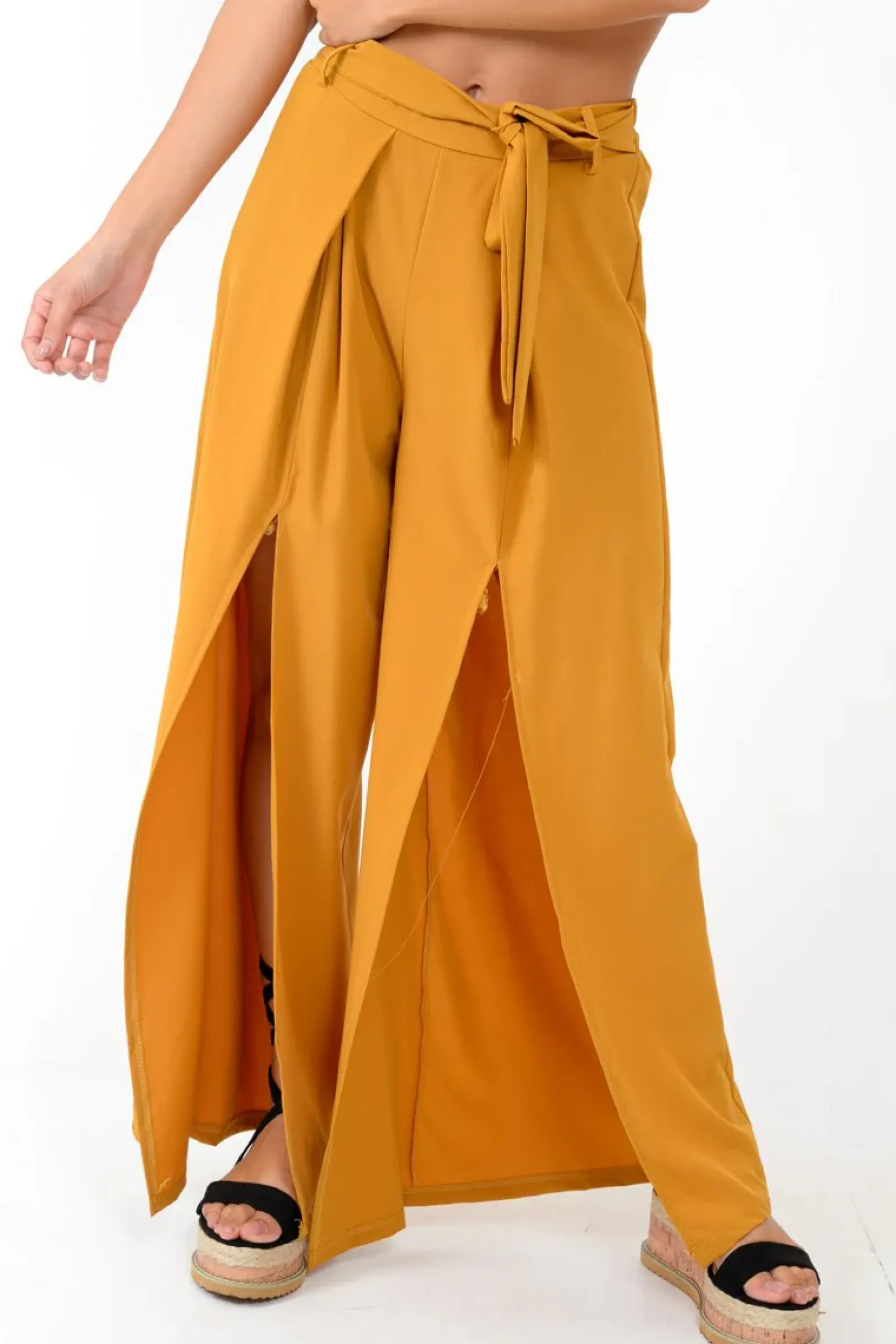 Rebellious Fashion Mustard Wide Leg Belted Split Front Trousers - Aamira