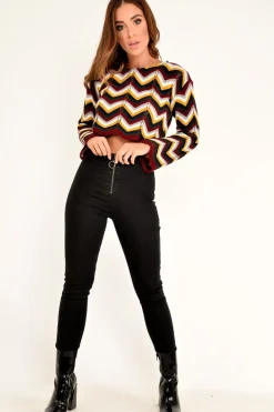 Rebellious Fashion Mustard Wine Chevron Knit Crop Jumper - Stevi