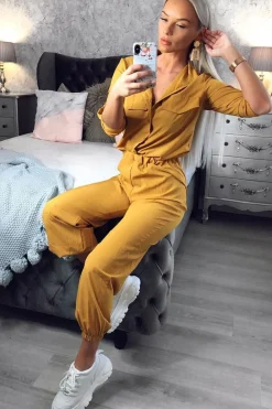 Rebellious Fashion Mustard Woven Button Down Boiler Jumpsuit - Janise