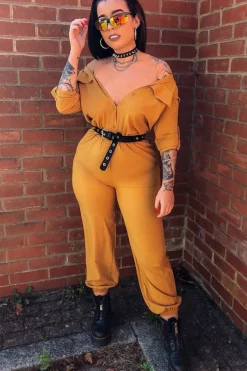 Rebellious Fashion Mustard Woven Button Down Boiler Jumpsuit - Janise