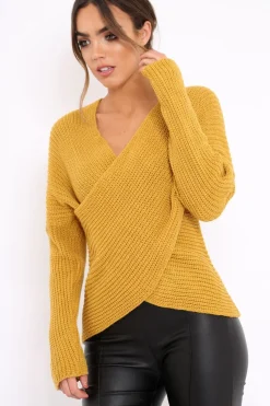 Rebellious Fashion Mustard Wrap Front Cable Knit Jumper - Melia