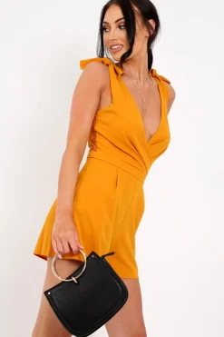 Rebellious Fashion Mustard Wrap Over Lace Back Playsuit - Irish