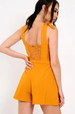 Rebellious Fashion Mustard Wrap Over Lace Back Playsuit - Irish