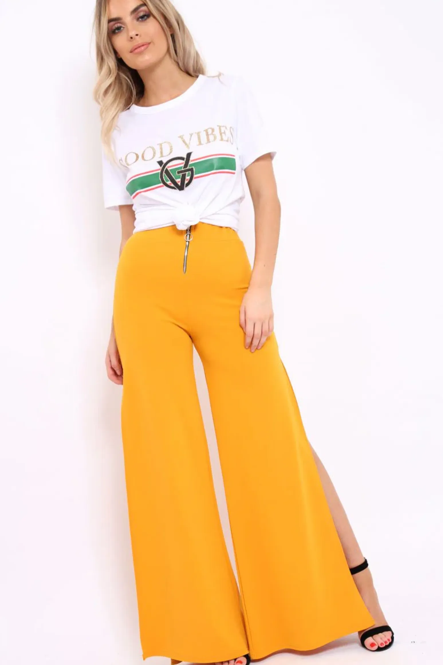Rebellious Fashion Mustard Zip Front High Waisted Flare Trousers - Gerta