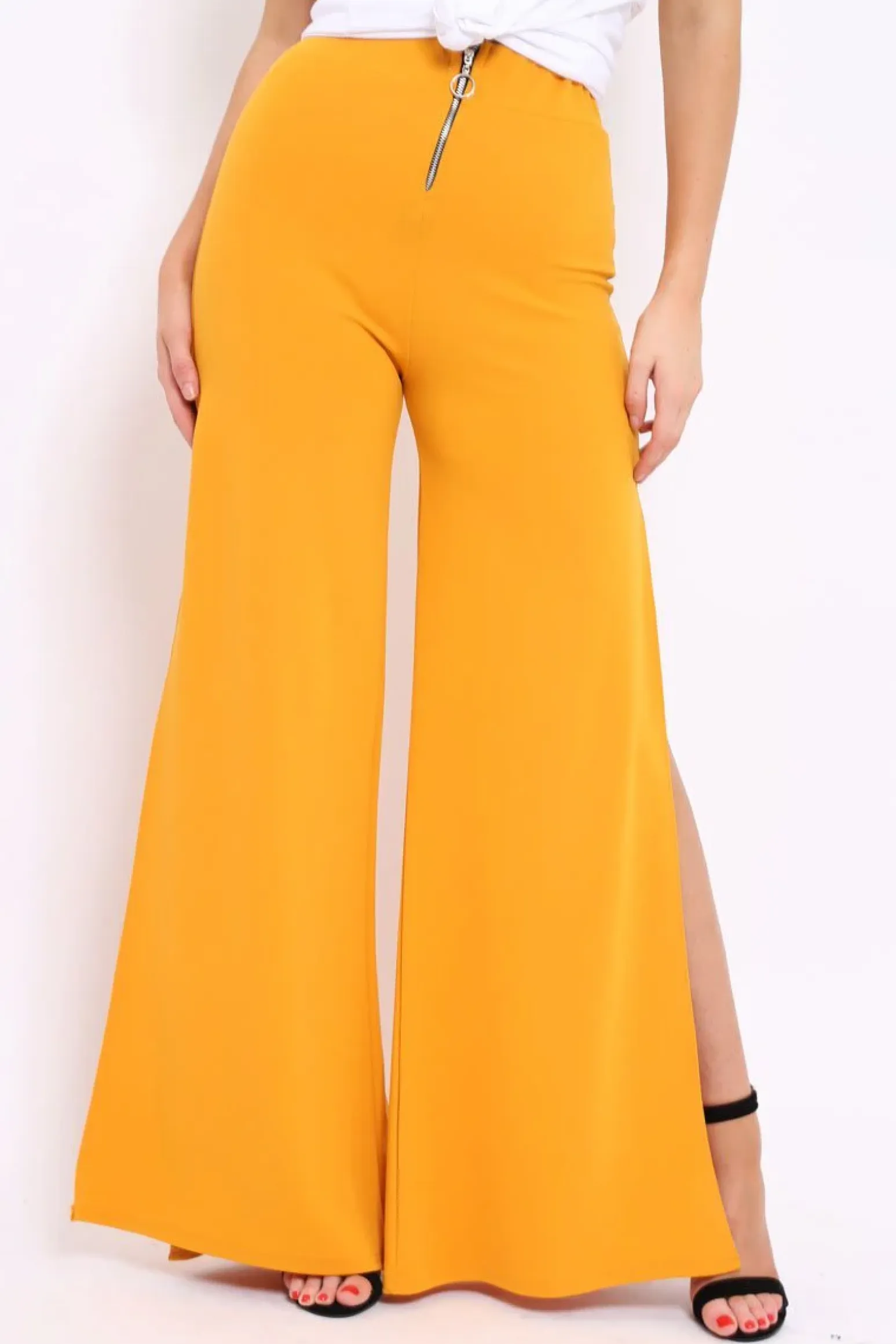 Rebellious Fashion Mustard Zip Front High Waisted Flare Trousers - Gerta