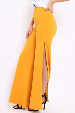 Rebellious Fashion Mustard Zip Front High Waisted Flare Trousers - Gerta