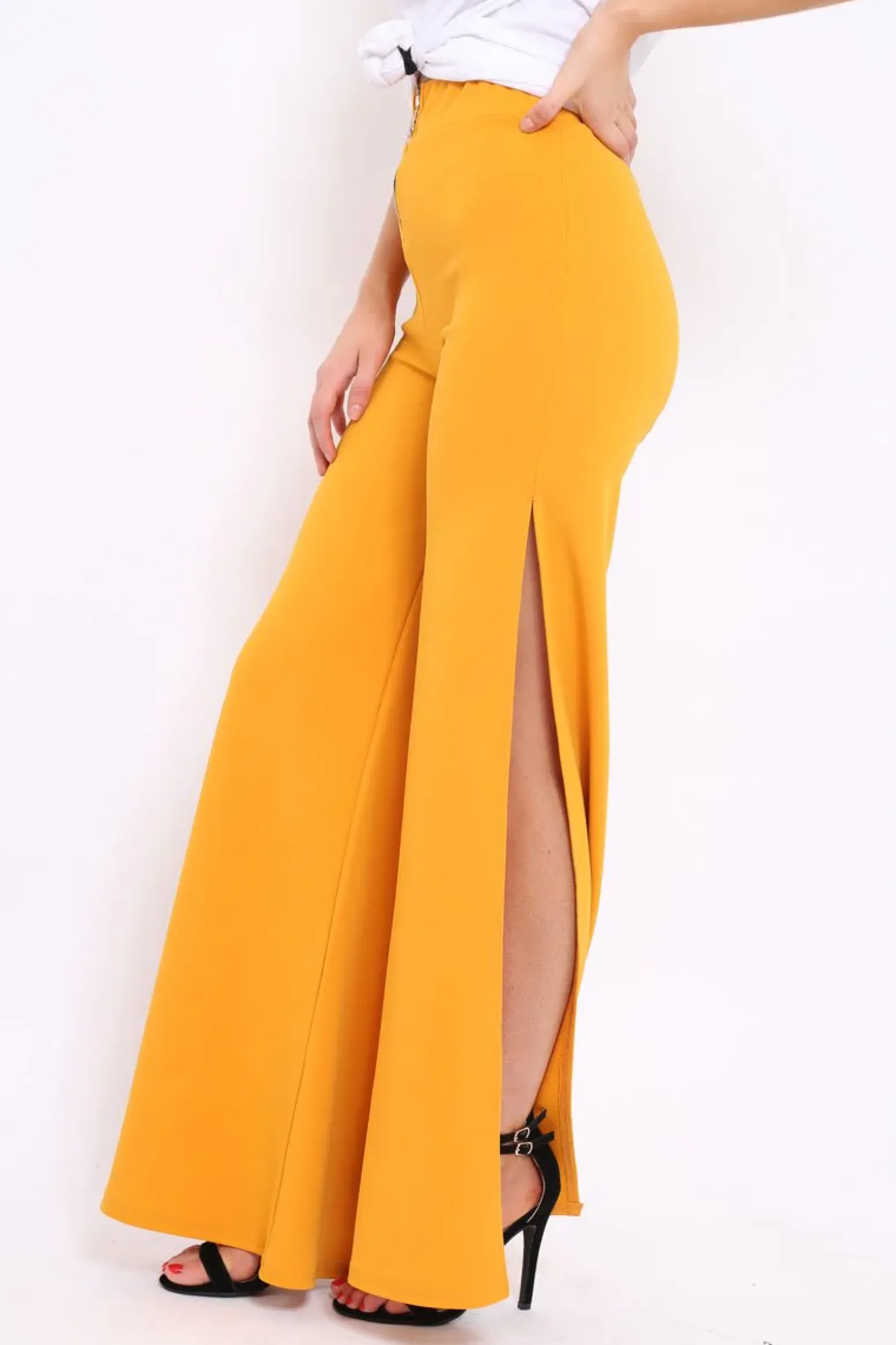 Rebellious Fashion Mustard Zip Front High Waisted Flare Trousers - Gerta