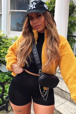 Rebellious Fashion Mustard Zip Front Teddy Jacket - Elena