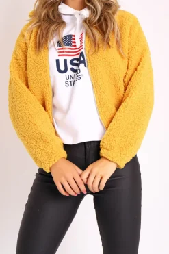 Rebellious Fashion Mustard Zip Front Teddy Jacket - Elena