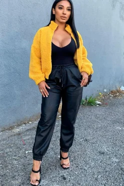 Rebellious Fashion Mustard Zip Front Teddy Jacket - Elena