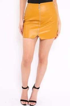 Rebellious Fashion Mustard Zip PU Skirt - Nicola